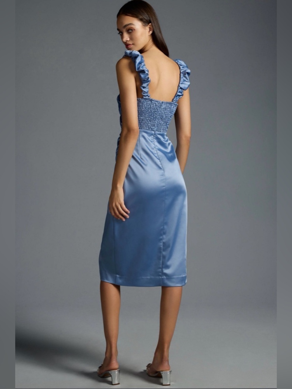 Anthropologie Ruched Sweetheart Dress Slate Blue NEW Midi Wrap Slit Sleeveless - Picture 2 of 5